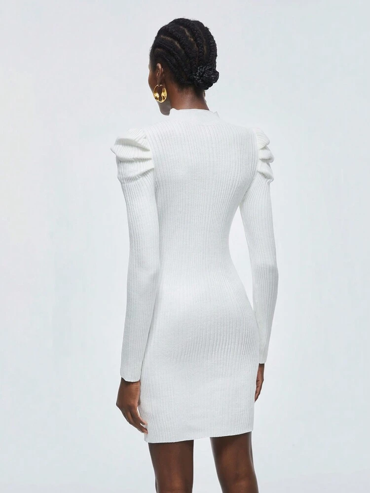 Women'S Solid Color Stand Collar Leg-Of-Mutton Sleeve Sweater Dress