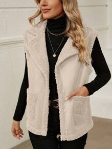 SHEIN LUNE Dual Pocket Teddy Lined Vest Jacket - Apricot - View 4