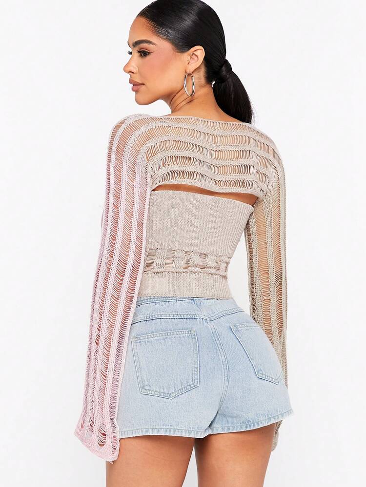 Ladies' Plain Distressed Cardigan With Tube Top Sweater Set