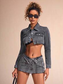 SHEIN BAE Fold Over Waist Mini Denim Skirt - Black - View 9