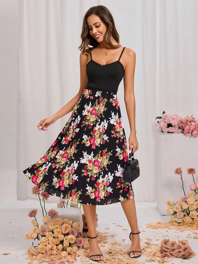 Spring Festival Solid Cami Top & Floral Print Skirt
