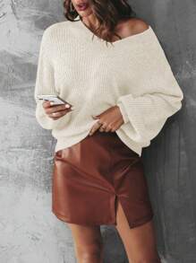 SHEIN Essnce 純色下垂肩休閒毛衣 - 杏色 - 查看 7