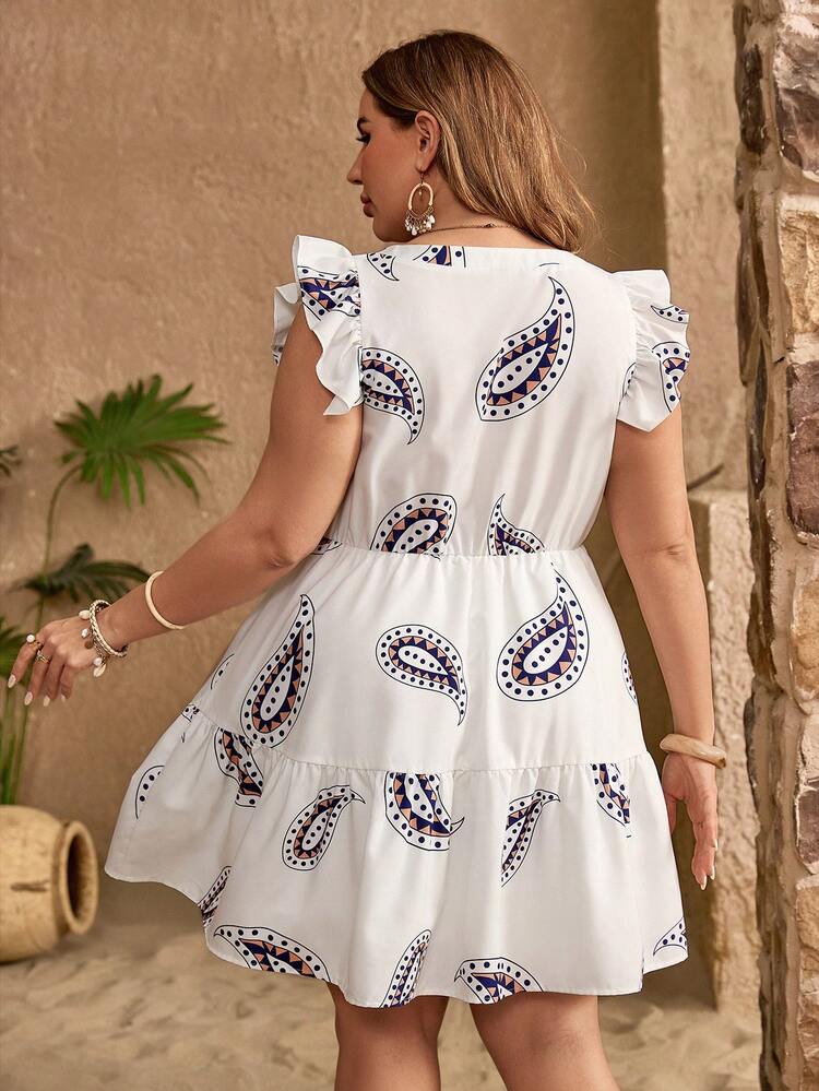 Plus Size Ruffle Hem Dress With Paisley Print