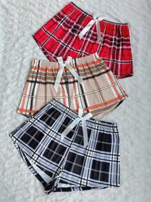 3pcs Plaid Bow Front Pajama Sleep Shorts - Multicolor - View 4