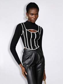 BizChic 1PC Contrast Binding Cut Out Front Sweater - Multicolor - View 7