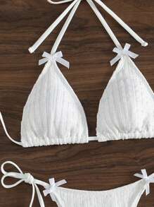SHEIN Swim Bộ Bikini Hai Mảnh Màu Trơn Đi Biển Mùa Hè - trắng - Xem 3