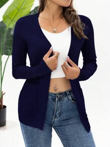 AAmilife Màu thuần Dệt kim Nút Thiết kế Chi tiết túi Tay áo dài Quý cô Áo len Mở - Màu xanh hải quân - Xem 5