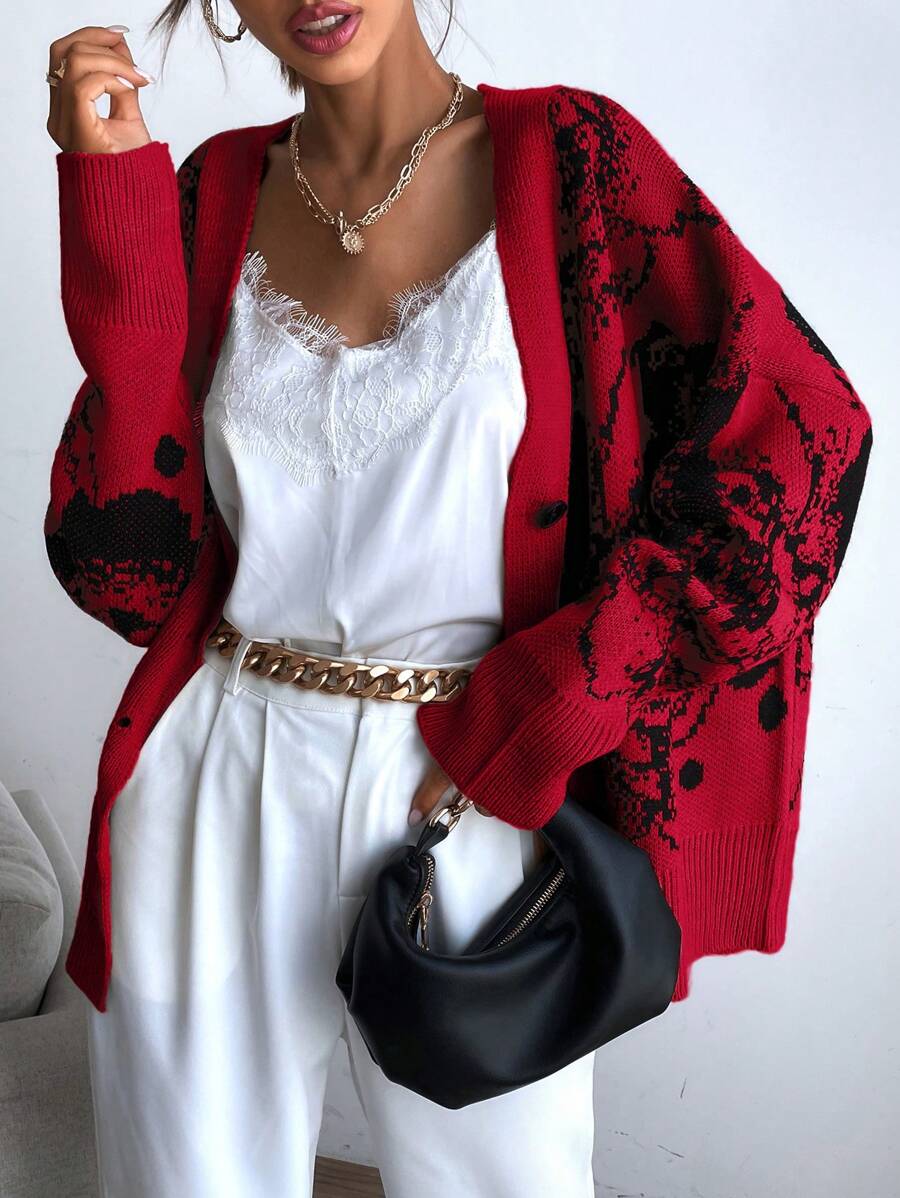 SHEIN Essnce Random Pattern Cardigan With Dropped Shoulder - Red - View 1