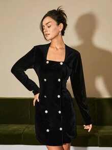 女士雙排扣方領裙裝 - 黑色 - 查看 5