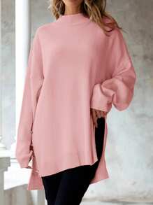 SHEIN Cottnline Suéter De Talla Grande Con Detalle De Botón Y Aberturas Laterales - Rosa Pálido - Ver 3