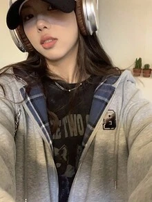 Sudadera Gris Con Cierre Y Estampado De Letra Para Talla Suelta - Gris - Ver 8