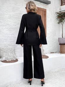 SHEIN Clasi 女士双排扣喇叭袖夹克和阔腿裤两件套 - 黑色 - 查看 2