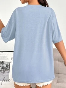 SHEIN EZwear Mẫu In Thả vai Ngắn tay Áo thun - Màu xanh nhạt - Xem 2