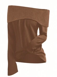 SHEIN LUNE Plus Size Women's Off Shoulder Long Sleeve T-Shirt - Brown - View 1