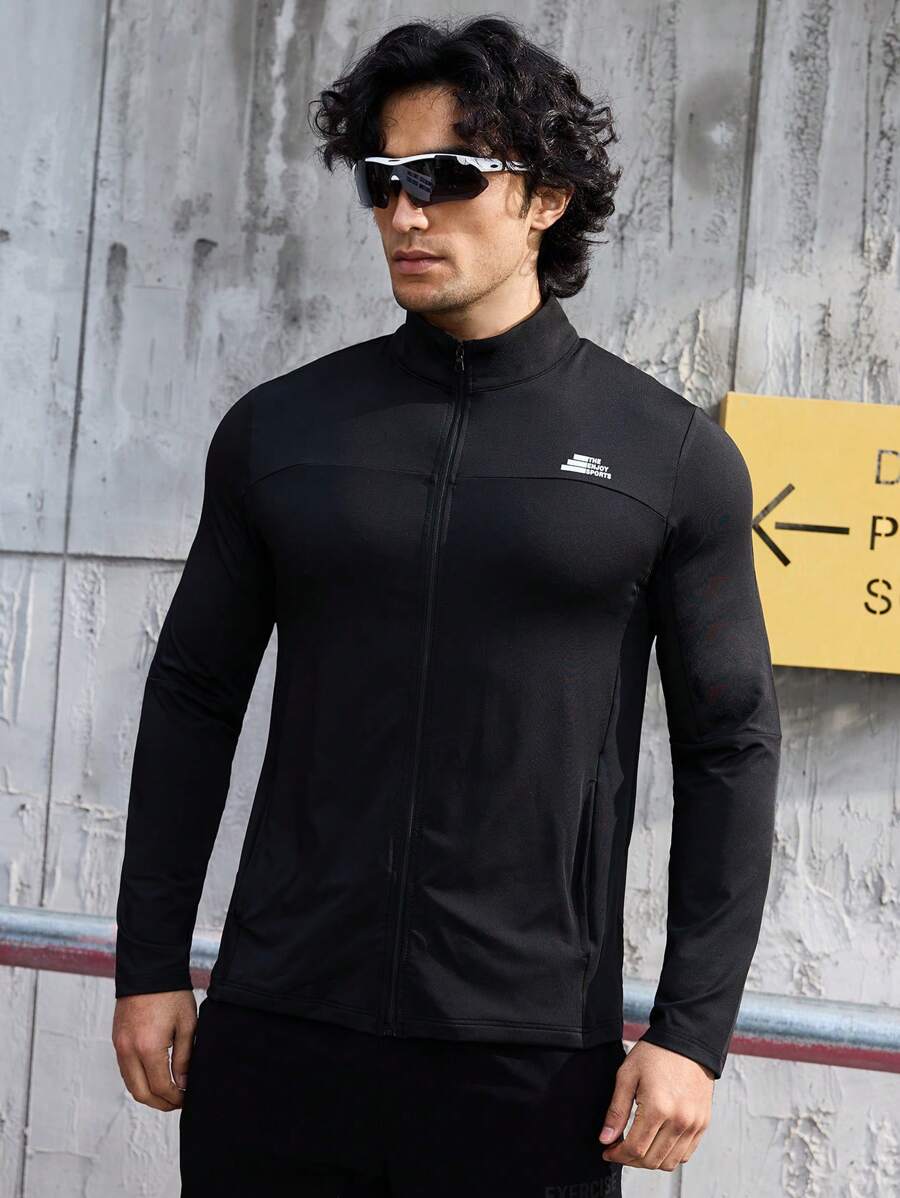 Manfinity Sport Streetwear 男款字母印花拉鍊前運動外套 - 黑色 - 查看 1