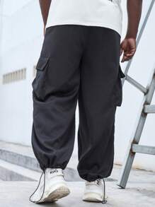 Manfinity Homme Men's Plus Size Loose Pants With Drawstring Waist And Flap Pocket - Dark Grey - View 2
