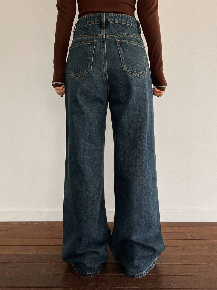 Solid Color High-Waisted Wide-Leg Women's Jeans With Ankle-Length,Baggy Jeans,Fall Clothes