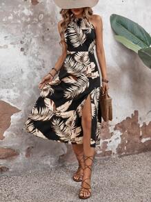 SHEIN VCAY Của phụ nữ Thực vật In Halter Neck Cái nĩa cao Đầm - màu xanh lá - Xem 6