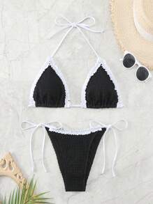 SHEIN Swim Summer Contrast Ruffle Trim Triangle Cup Knotted Side Bikini Set Wedding - Black and White - View 5
