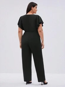 BizChic Women's Plus Size V-neck Ruffle Sleeve Straight Wide Leg Jumpsuit - Black - View 2