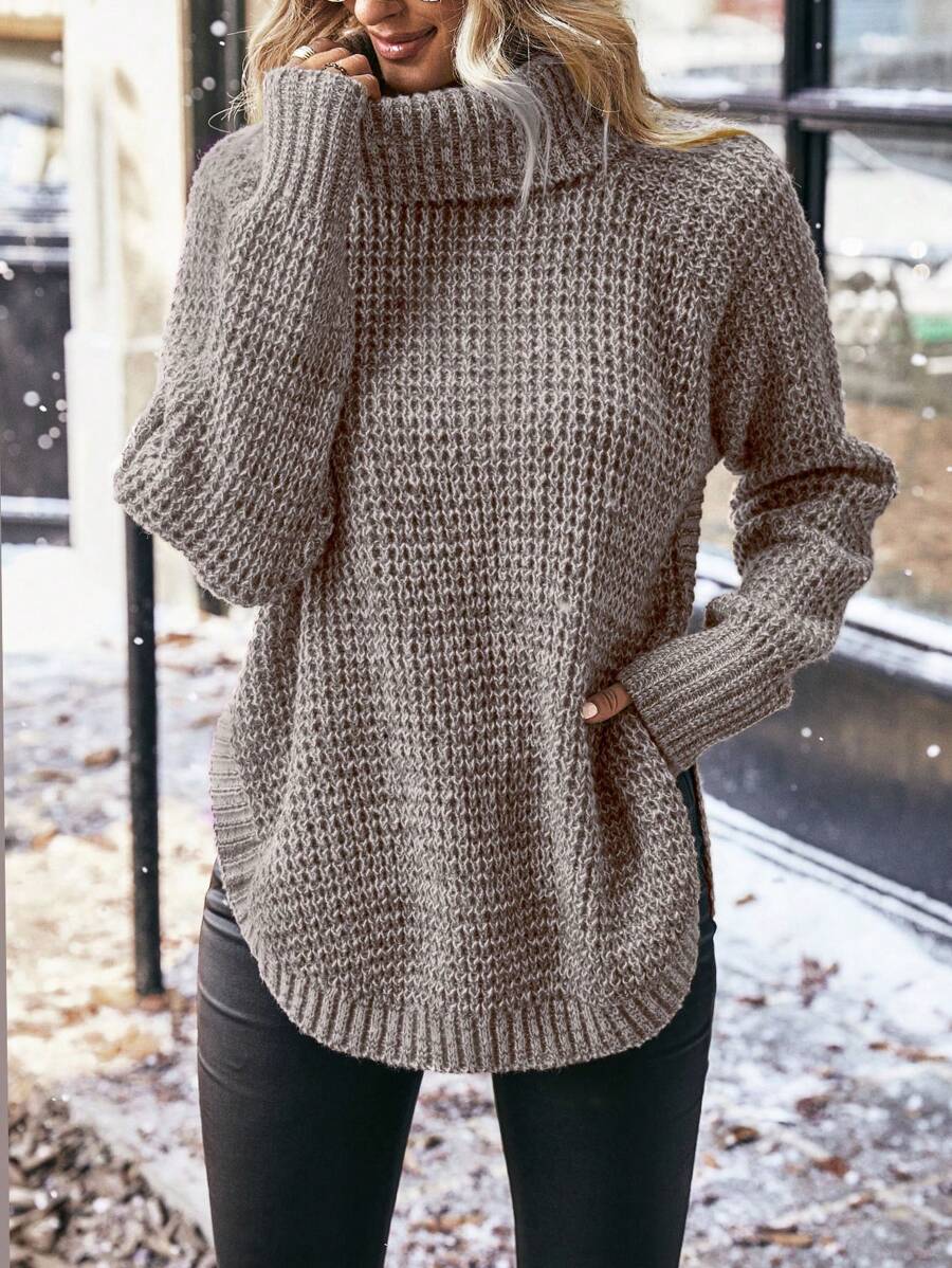 EMERY ROSE Turtleneck Sweater With Raglan Sleeves And Curved Hem - Dusty Purple - View 1