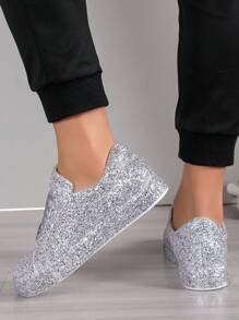 Men's Fashionable Lace-Up Sparkling Sequin Decor Flat Sneakers, Shiny Sport Shoes - Silver - View 4