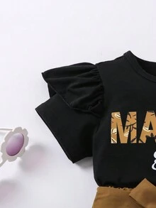 SHEIN Young Girls' Slogan Printed Tee With Ruffle Trim And Belted Skirt Two-Piece Set - Black - View 6