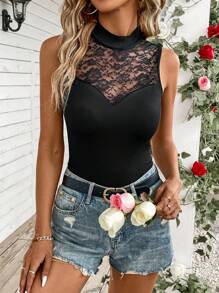 SHEIN Clasi Áo ba lỗ cổ đứng ren Yoke cho mùa hè - màu đen - Xem 5
