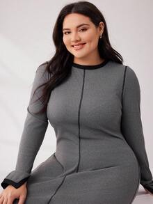 Mulvari Plus Size Colorblock Dress With Contrast Trim And Exposed Stitching - Dark Grey - View 6