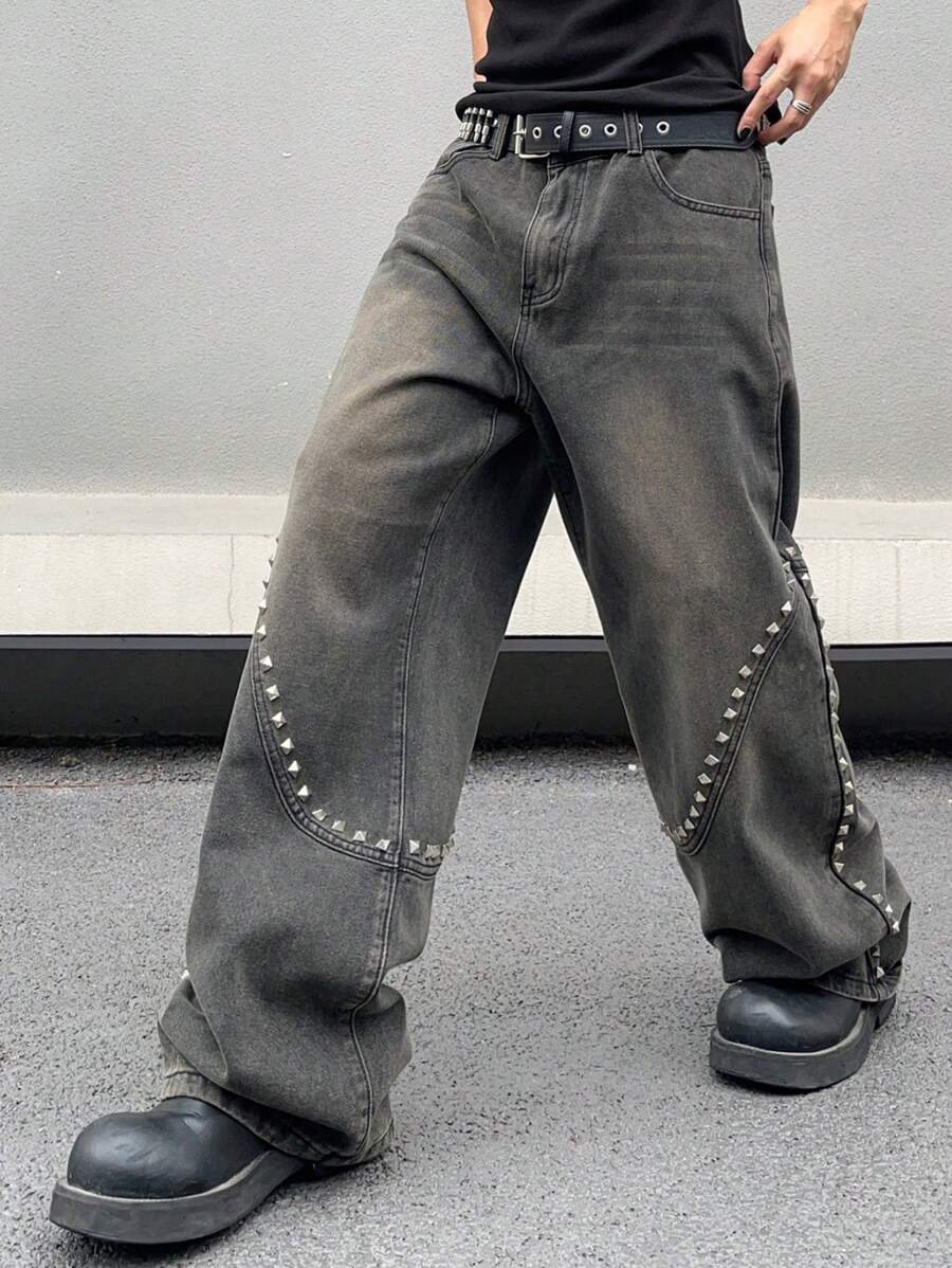 Manfinity Roghcode 男士铆钉装饰洗水牛仔裤（无腰带），纯色深蓝色宽牛仔裤，长款破洞宽松工装牛仔裤，适合老公、男朋友的礼物 - 黑色 - 查看 1