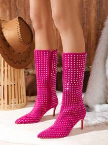 Botas Rosadas Con Pedrería Para Mujeres, De Estilo De Fiesta A Media Pierna, A La Moda Y A La Última - Rosa Fucsia - Ver 7