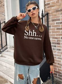 SHEIN EZwear 女款標語印花圓領運動衫 - 巧克力棕 - 查看 8