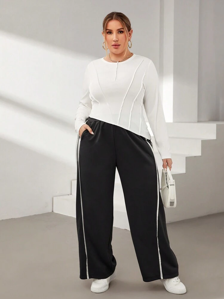 Plus Size Women's Round Neck Color Block Asymmetrical Hem Casual Solid T-Shirt