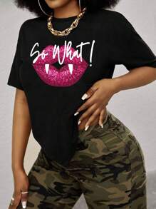 INAWLY 女士嘴唇和字母印花短袖t恤 - 黑色 - 查看 1