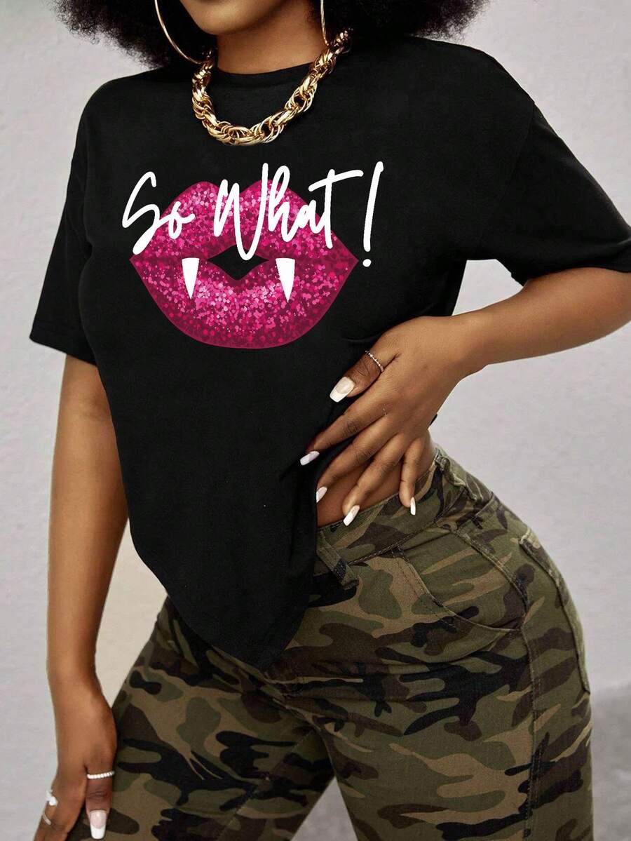 INAWLY 女士嘴唇和字母印花短袖t恤 - 黑色 - 查看 1