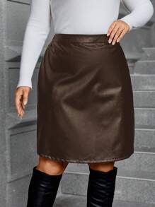SHEIN Clasi Plus Size Pu Leather Skirt - Brown - View 3