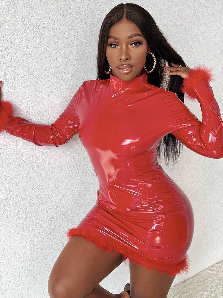 Spliced Stand Collar Pu Dress