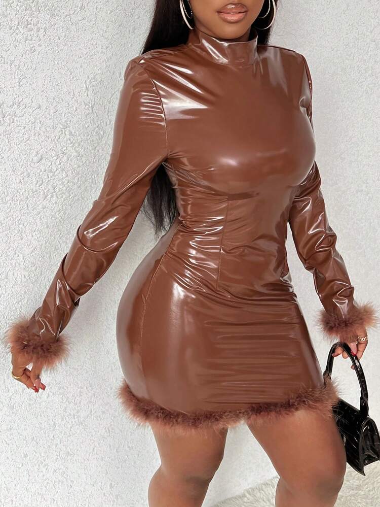 Women'S Stand Collar Sleeve Cuff Pu Leather Dress With Patchwork