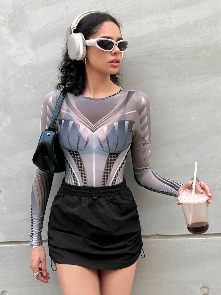 SHEIN Coolane 全覆蓋圖案網眼連身衣 - 黑與白 - 查看 1