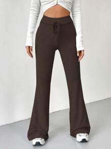 SHEIN EZwear 女士綁帶高腰擴口寬褲 - 棕色 - 查看 6