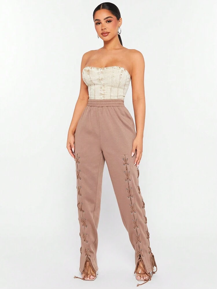 Brown Knit Drawstring Detail Sweatpants