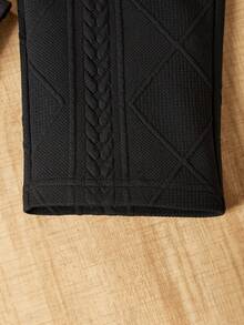 SHEIN Tween Girls' Knitted Jacquard Fabric Zipper Hooded Sweater And Pants Set - Black - View 3