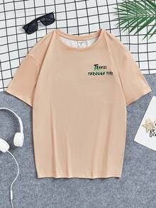 SHEIN Con trai Giải trí Thoải mái Hoạt hình In thư Áo thun - Màu Khaki - Xem 2