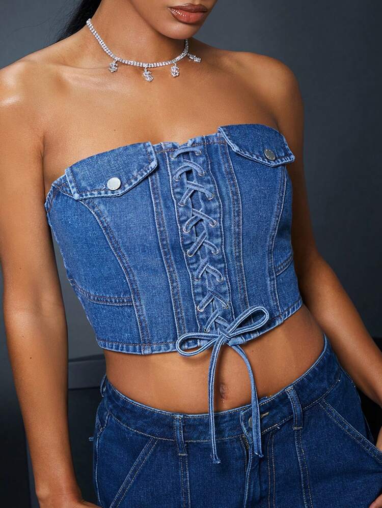 Sexy Women'S Denim Top With Front Tie
