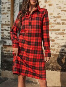 SHEIN Clasi 女性格子印花長袖連衣裙 - 紅色 - 查看 5