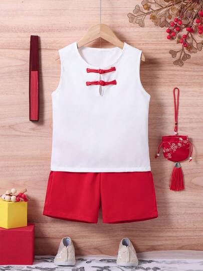 Young Boys 2pcs Chinese Style Outfit With Cool Buckle, Soft, Comfortable, Cool And Breathable, Perfect For Summer Daily Wear