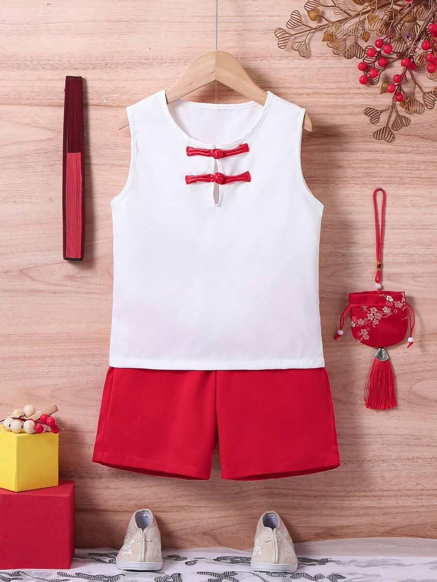 Young Boys 2pcs Chinese Style Outfit With Cool Buckle, Soft, Comfortable, Cool And Breathable, Perfect For Summer Daily Wear - Red and White - View 1