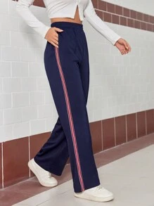 Flirla 側邊條紋收縮腰裝褲 - 藏蓝色 - 查看 3