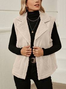 SHEIN LUNE Dual Pocket Teddy Lined Vest Jacket - Apricot - View 3