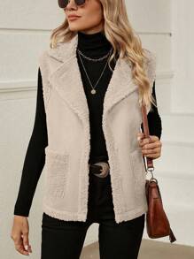 SHEIN LUNE Dual Pocket Teddy Lined Vest Jacket - Apricot - View 7